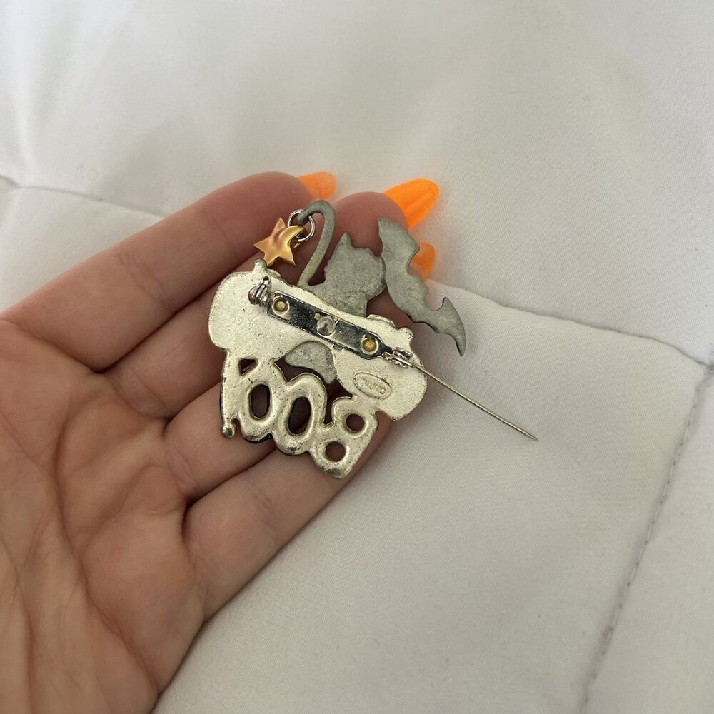 Vintage AJMC Large Halloween Cat Jack O Lantern Bat Boo Enamel Pewter Brooch Pin - Picture 6 of 6